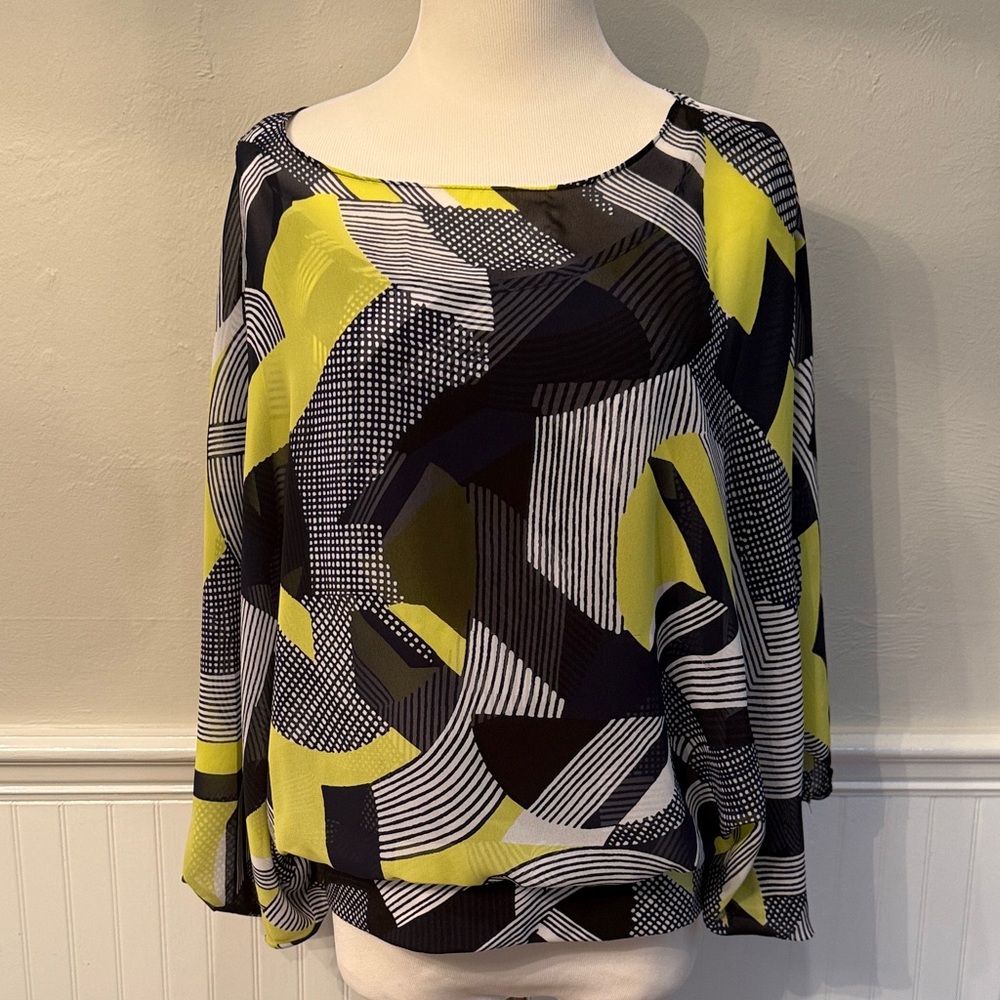 Alfani Women's Abstract Print Blouse - Navy  and Yellow Size S